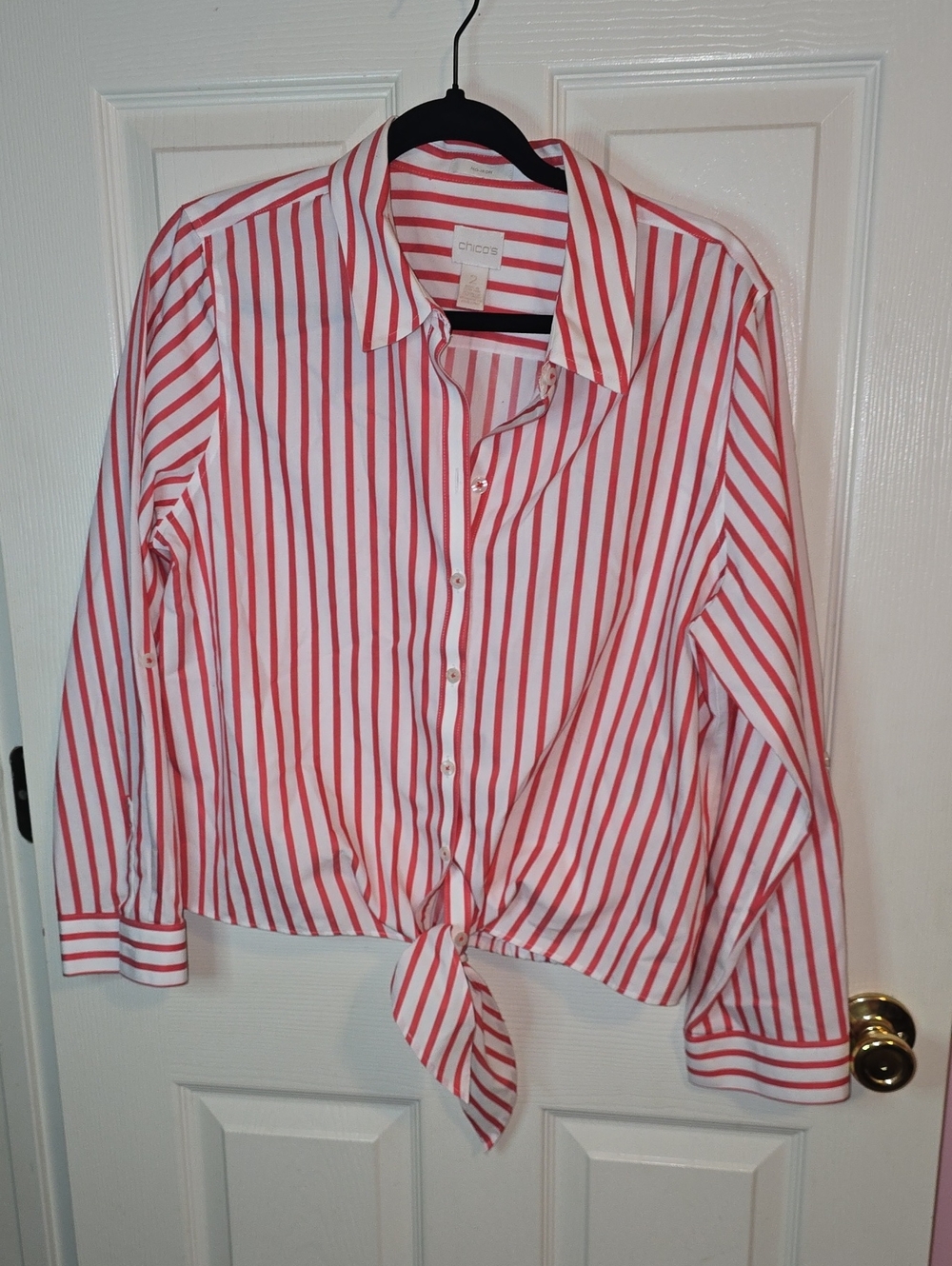 Chico's Coral-Red and White Striped Shirt